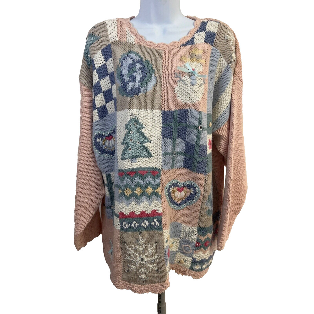 Vintage Kathie Lee Christmas Cardigan Sweater Women's XL Lt Pink Holiday